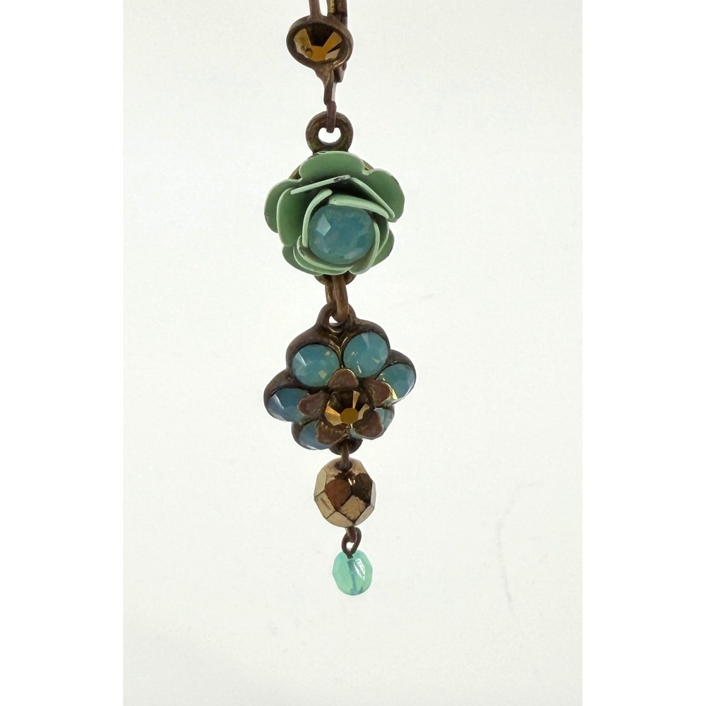 Michal Negrin Rose Floral Drop Earrings Green Blue Crystal Brass Leverback - Picture 7 of 8